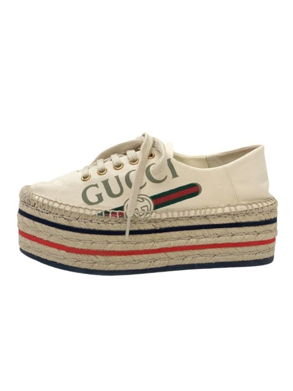 Gucci Sneakers Shoes Canvas Ivory Red Blue Logo Espadrilles Platform - Picture 4 of 10